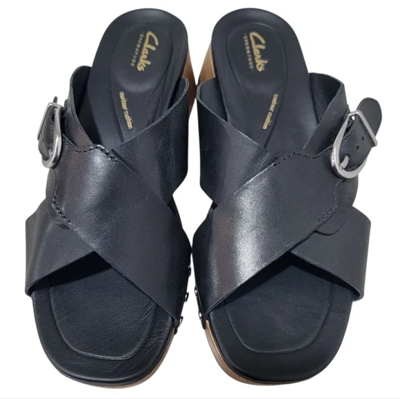 Clarks Sivanne Walk Wedge Sandal Black Leather Slip On Clog Slide Women’s 8.5 - Picture 4 of 17